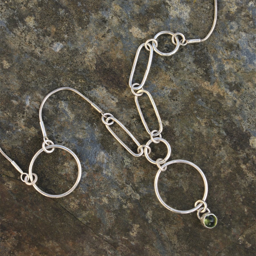 Peridot Drop Statement  Necklace with Circle and Oval  Silver Links 