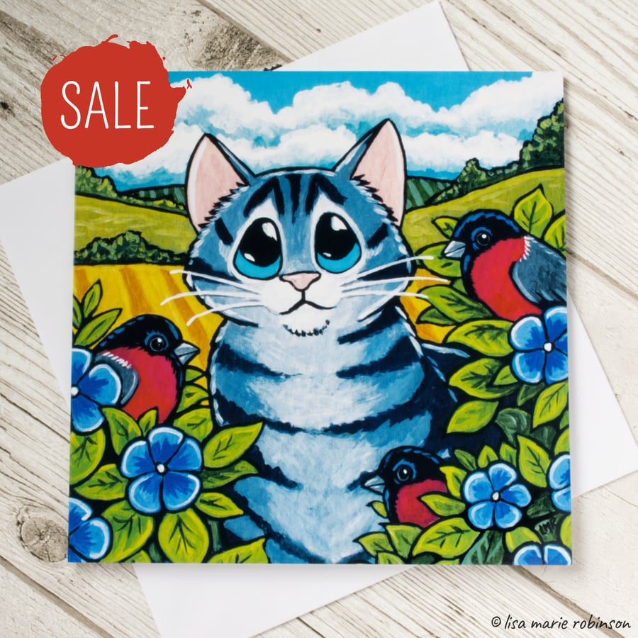 Tabby Cat & Bullfinches Greeting Card - Blank Inside - REDUCED TO CLEAR
