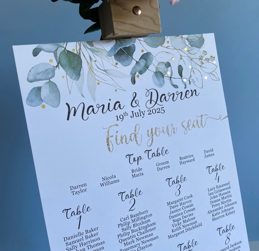 Eucalyptus WEDDING table PLAN seating card golden leaf foliage green foliage