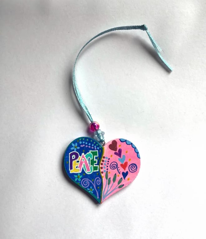Hand painted wooden PEACE heart 