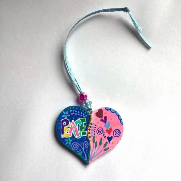 Hand painted wooden PEACE heart 