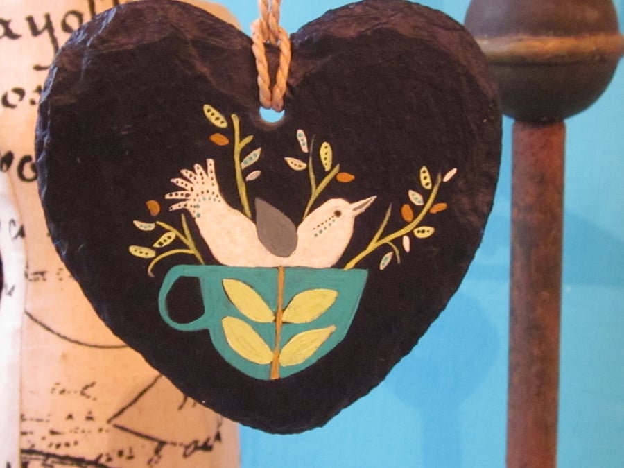 Slate Hanging Heart..Original painting of a bird in a teacup