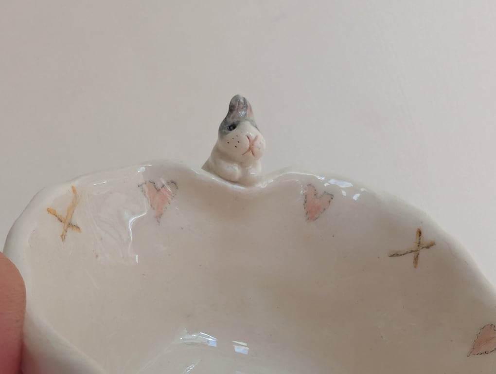 Ceramic tealight wth grey & white bunny hearts & pawprints, rabbit candle holder