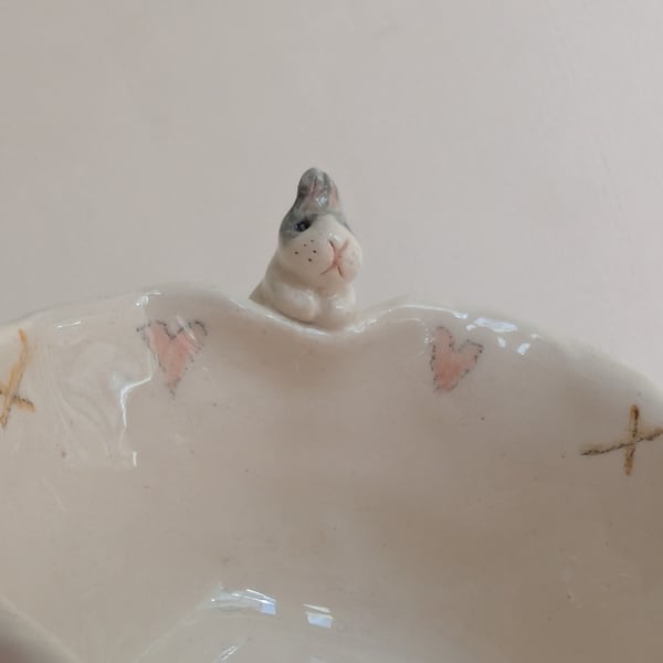 Ceramic tealight wth grey & white bunny hearts & pawprints, rabbit candle holder