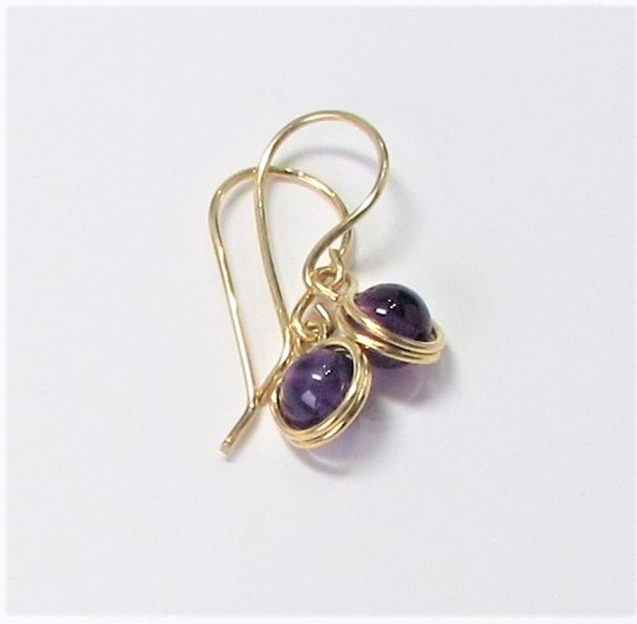 Short Drop Earrings - amethyst gold wrap earrings - February birthstone