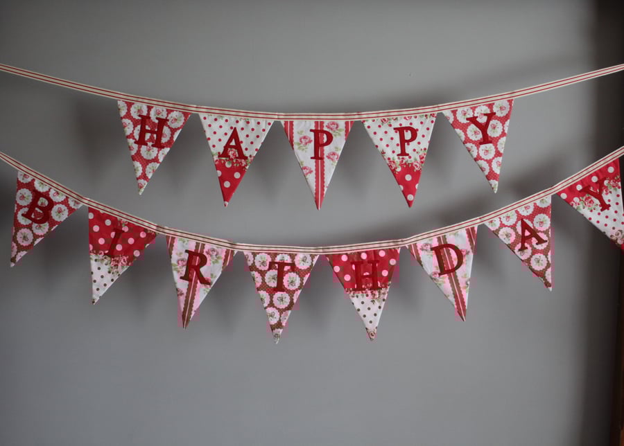 'Happy Birthday' bunting in shades of red and cream