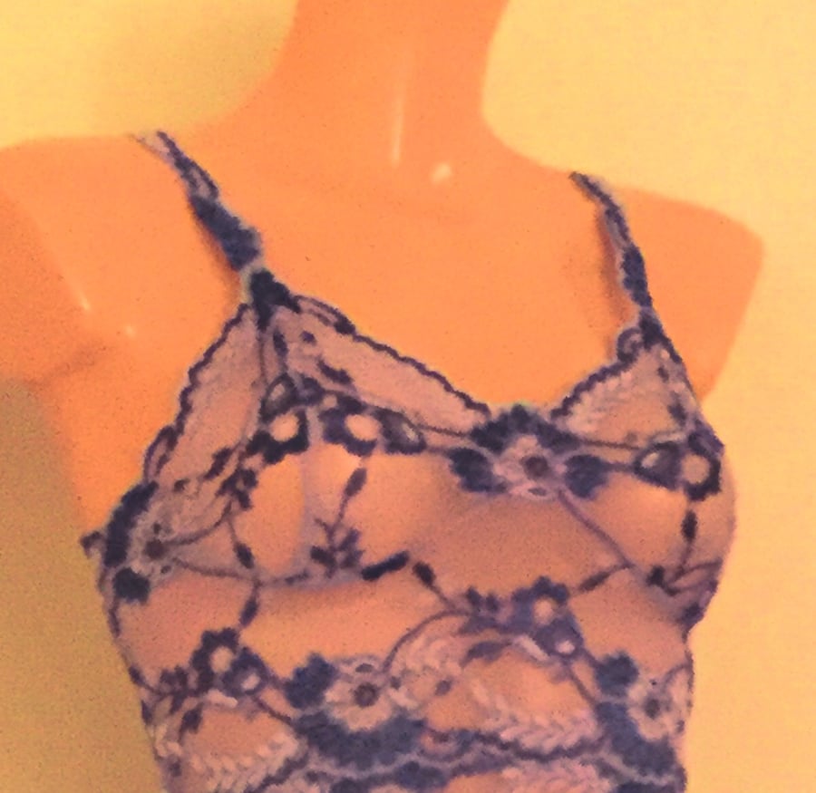 Strappy bralette , in hand dyed lace , sky tones ,from Fidditchdesigns 