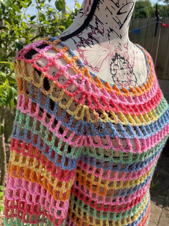 Rainbow Mesh Dress Long Sleeves size 8-12 - Crocheted 