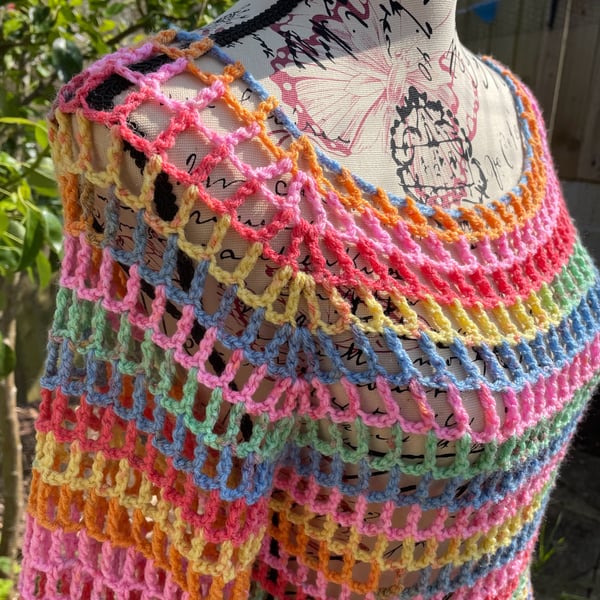 Rainbow Mesh Dress Long Sleeves size 8-12 - Crocheted 