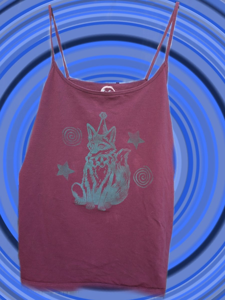 Handprinted lino jester fox print upcycled vest top extra large