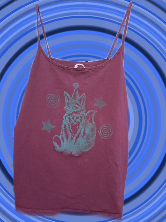 Handprinted lino jester fox print upcycled vest top extra large