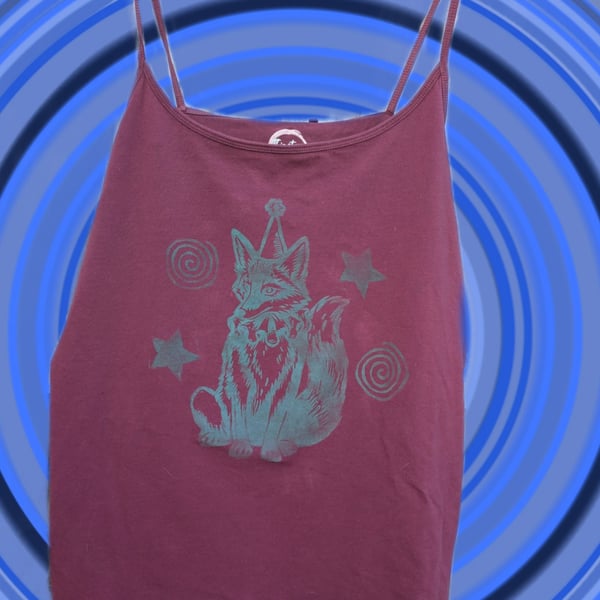 Handprinted lino jester fox print upcycled vest top extra large