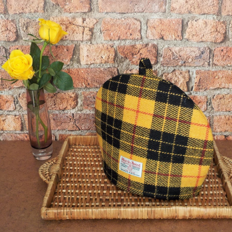 Harris Tweed fabric tea cosy, yellow and black Macleod tartan teapot cover