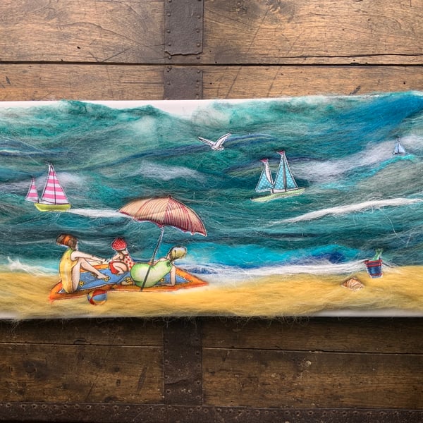 Art. Seaside with Appliqué beach ladies. . Wet Felted art on canvas. 20” by 8” 