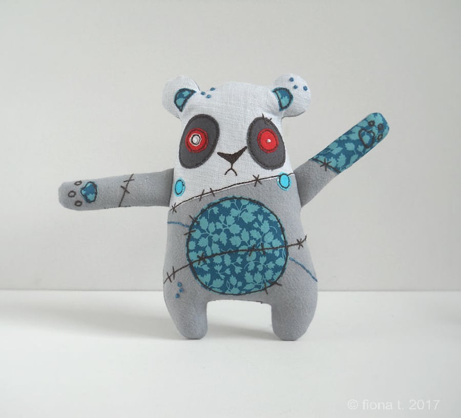 freehand embroidered zombie panda pocket sized teal
