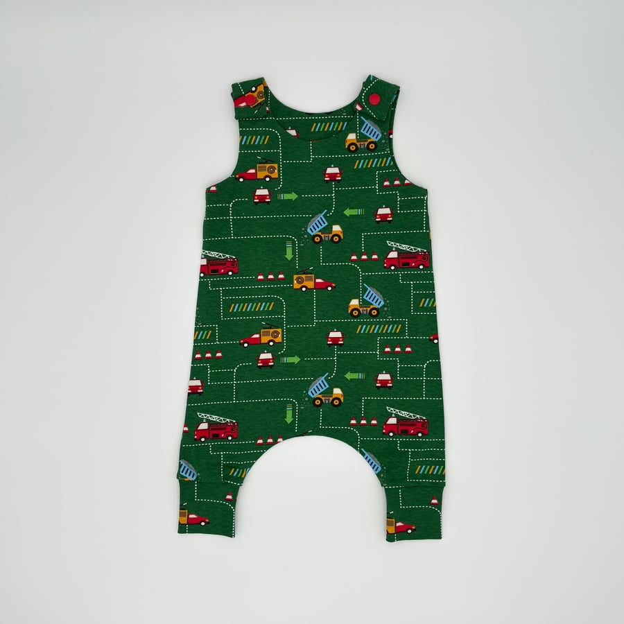 Vehicles print cotton jersey handmade baby dungarees