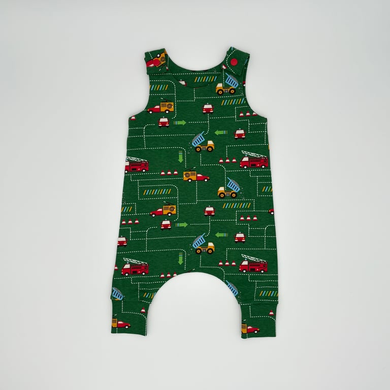 Vehicles print cotton jersey handmade baby dungarees