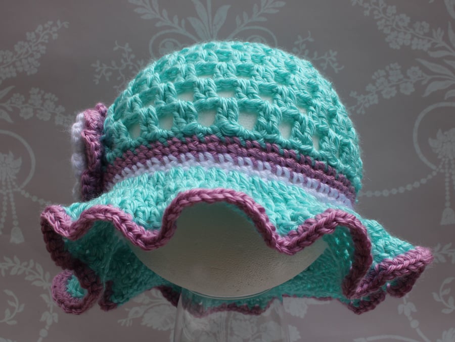 Baby Sun Hat - 6-12 Months - Flower Sun Hat - Teal, Pink and White - Summer Hat