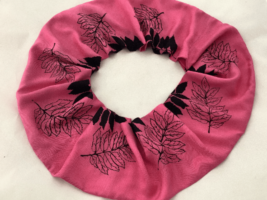 Pink infinity scarf, up-cycled scarf, black ash leaf print, handprinted scarf, 
