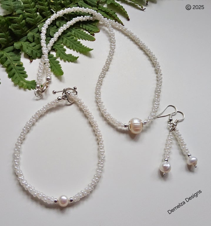 Freshwater Barogue Pearl & Cream Peanut Seed Bead Jewellery Set