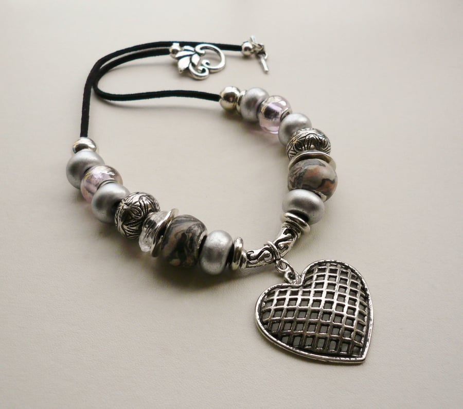 Silver, Pale Pink and Neutral Rondelle Heart Pendant Necklace   KCJ970
