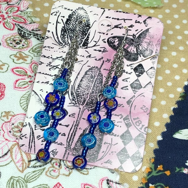 Blue Millefiori glass flower earrings