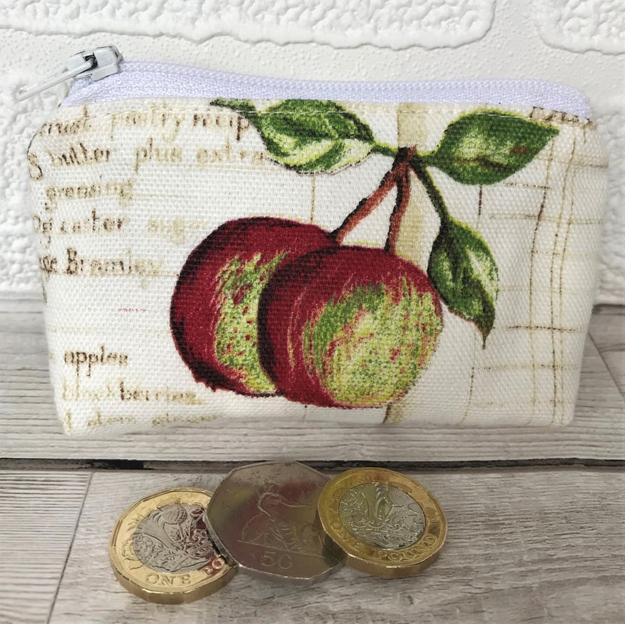 Small purse, coin purse in pale cream with two red and green apples