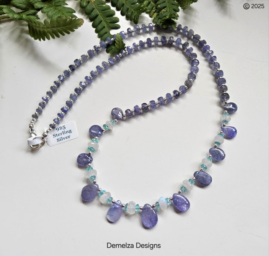Designer AA Tanzanite, Apatite & Moonstone Sterling Silver Necklace 