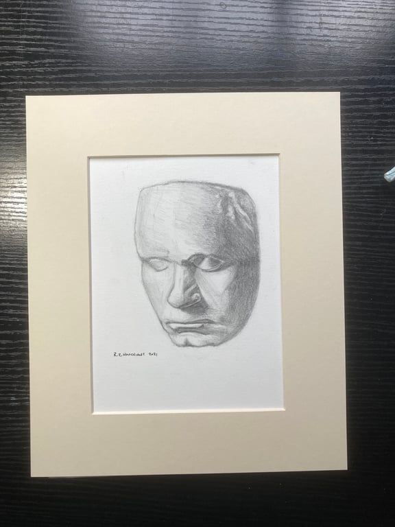 Beethovens death mask (fully mounted graphite pencil drawing) 12” x 10” 