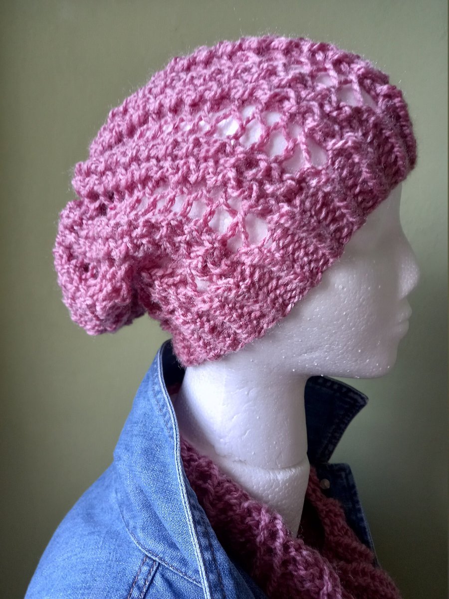 Dusky Pink Slouchy Beanie Hat Hand Knitted in Chunky Acrylic Yarn