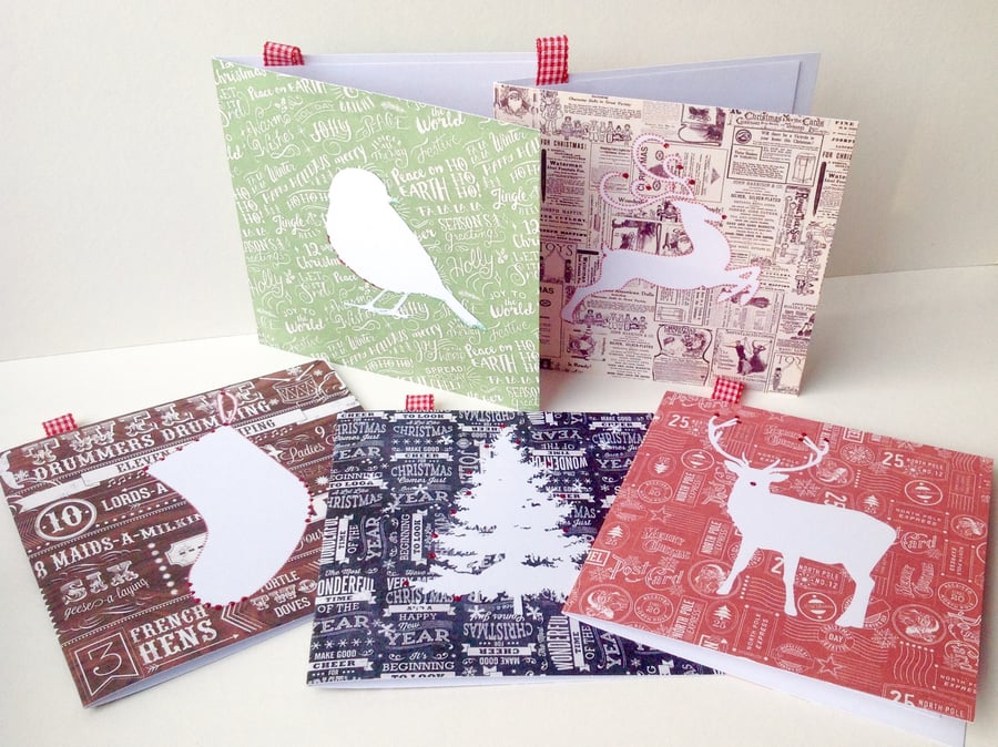 Christmas Cards,Pack of Five,Festive Fonts,Handmade Xmas Cards