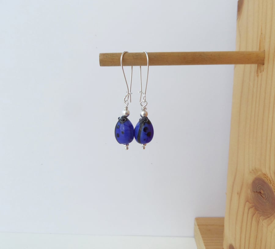 Blue Ladybird Silver Earrings, Modern Dangle Earrings