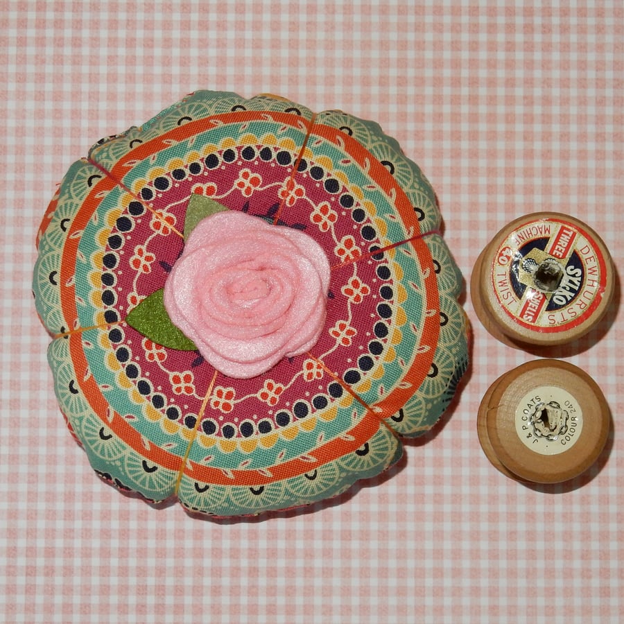 Pin cushion with felt rose decoration