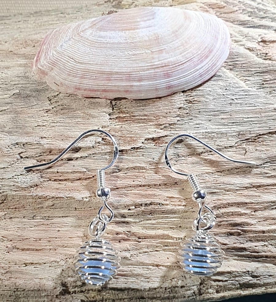 Pale Blue Seaglass Earrings with Silver Plated Cages & Hooks