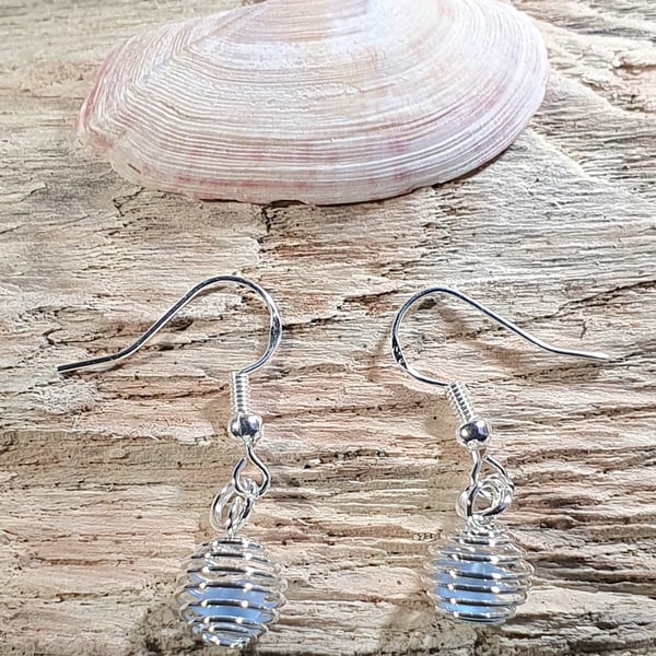 Pale Blue Seaglass Earrings with Silver Plated Cages & Hooks