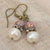 Freshwater Pearl, Czech Rose Glass Bead & Diamante Rondelle Earrings