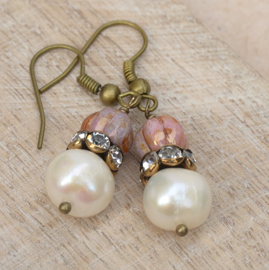 Freshwater Pearl, Czech Rose Glass Bead & Diamante Rondelle Earrings