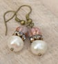 Freshwater Pearl, Czech Rose Glass Bead & Diamante Rondelle Earrings - Image 1