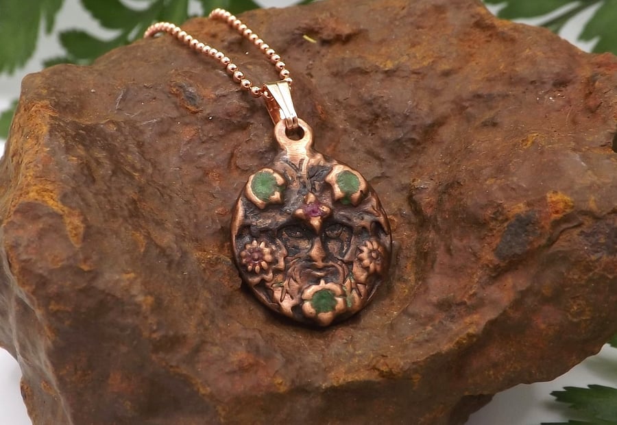 Recycled Copper Green Man Pendant Necklace.