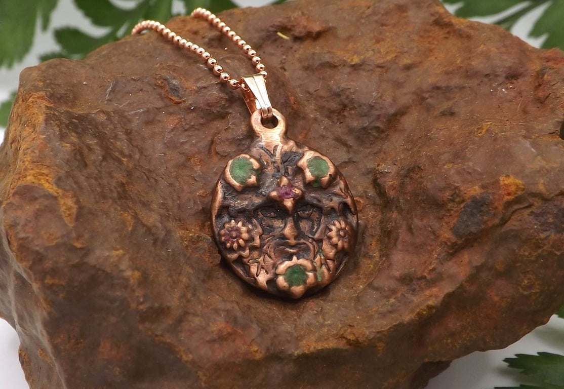 Recycled Copper Green Man Pendant Necklace.