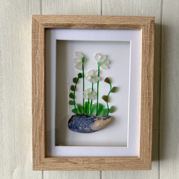 SALE-Shell and sea glass floral art made with Cornish beach finds 