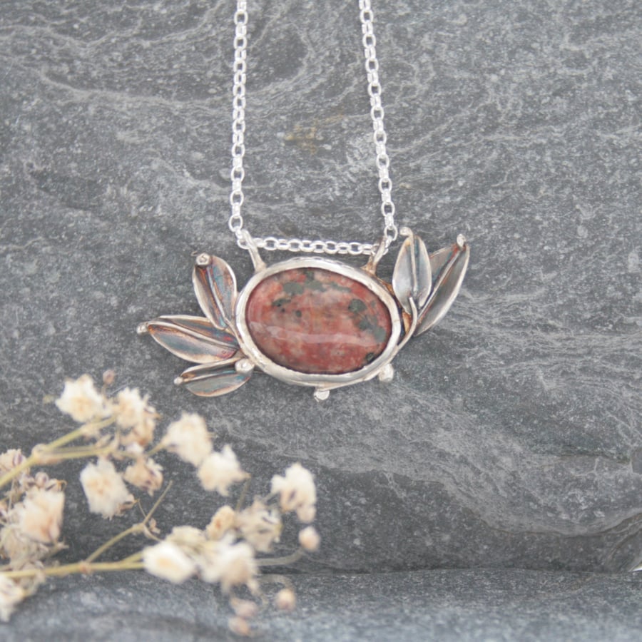 Silver leaf necklace, Scottish gemstone necklace, Lewisian Gneiss necklace