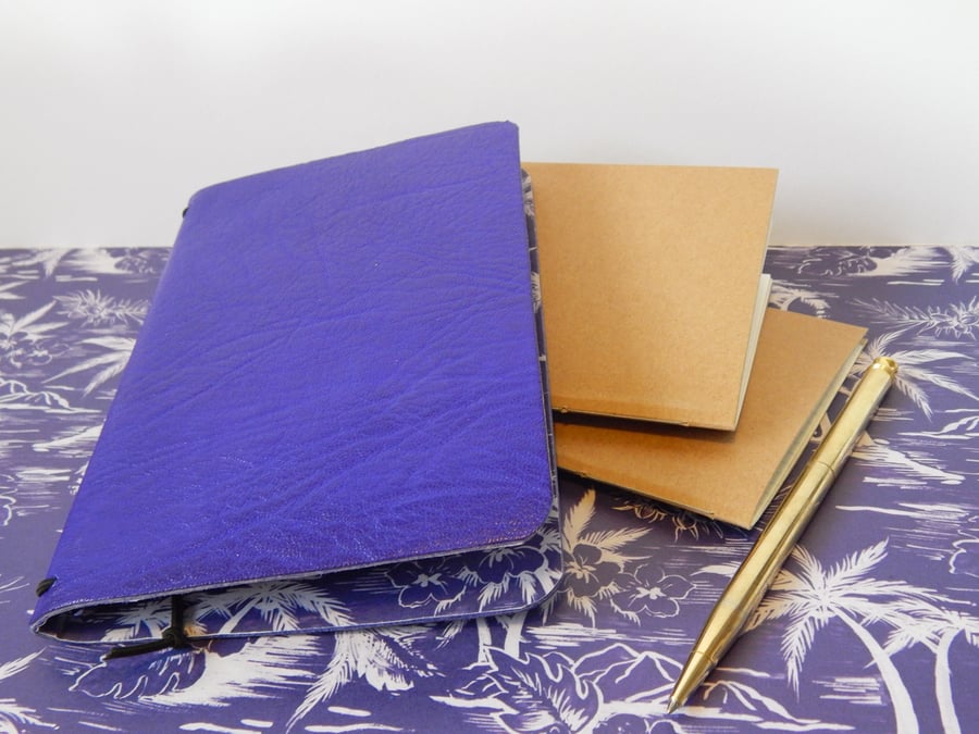 Purple Leather Travel Journal Set, Pocket Sketchbook, Leather Notebook cover 