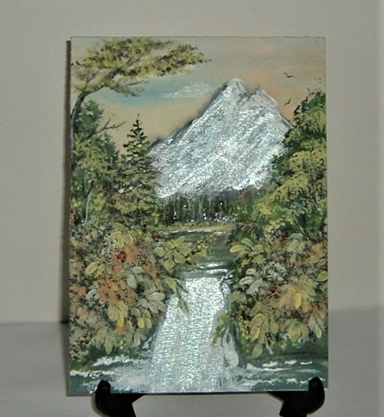 SALE original art mountain waterfall painting ( ref F 519.D1 )
