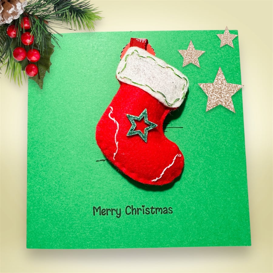 Greeting card with detachable embroidered Christmas stocking tree decoration 