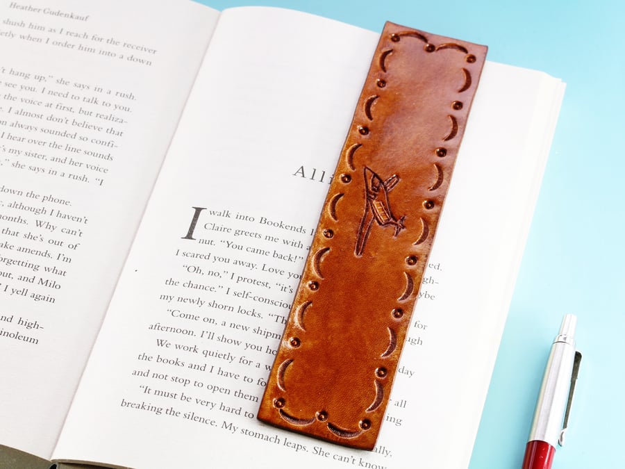 Hand Carved Jumbo Plane Leather Bookmark, Unique Book Mark For Pilot Gift