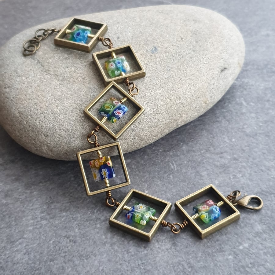 Brass squares bracelet, Millefiori coloured glass, 21st anniversary gift