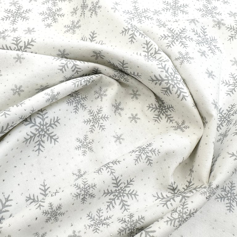 Christmas Fabric Silver Glitter Snowflakes White Cotton Craft Fabric - 1 Metre