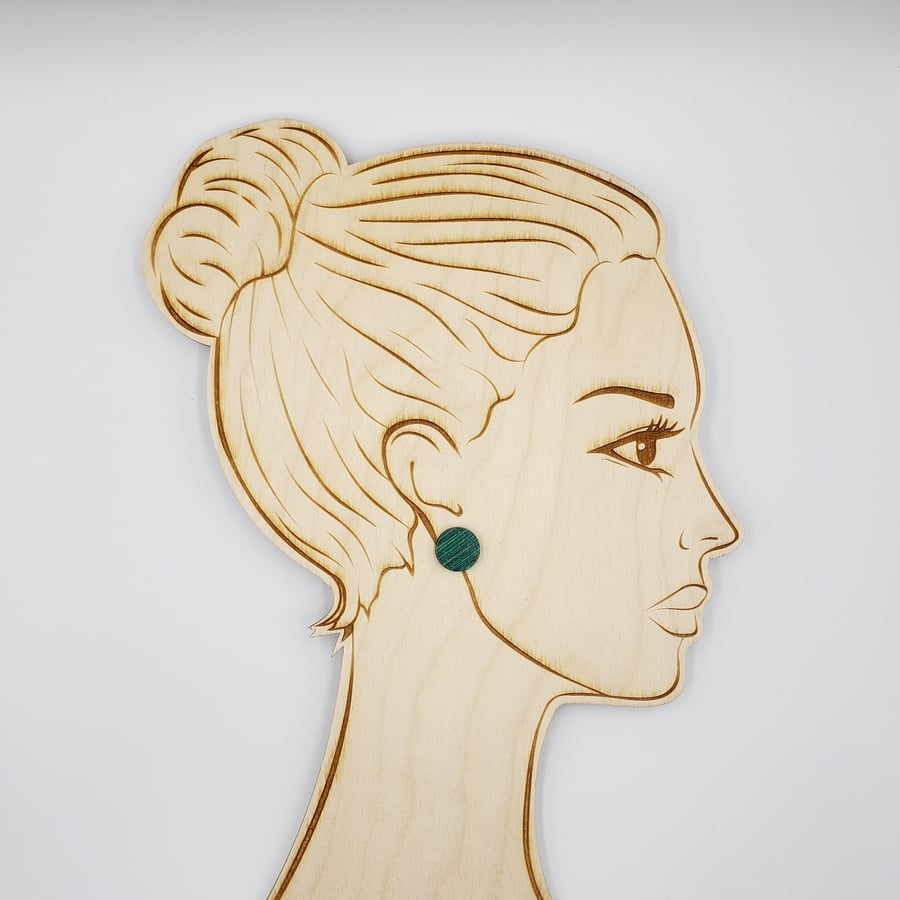 Green, black and off white small stripy stud earrings, Sterling silver