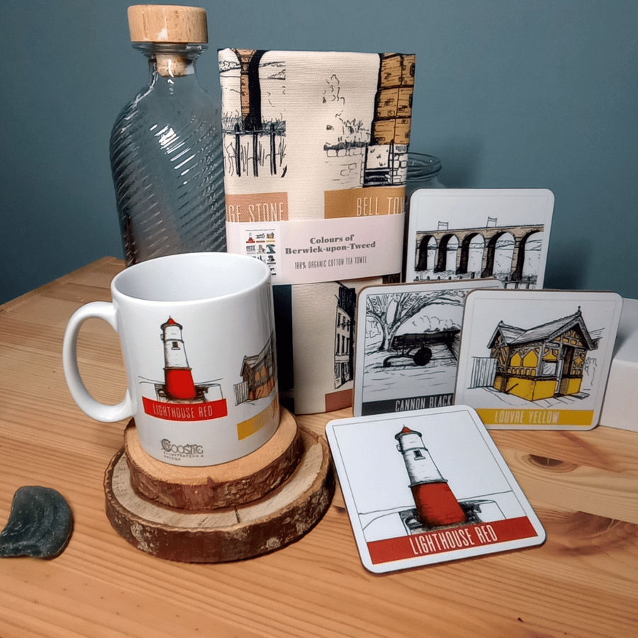 x12 Landmarks of Berwick-upon-Tweed Eco Gift Set: Tea Towel, Coasters & Mug